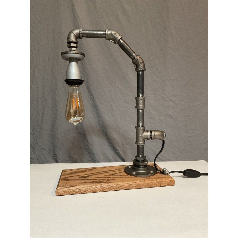 Vintage Style Industrial Lamp with edison bulb, Cast Iron, Oak Wood. Handmade